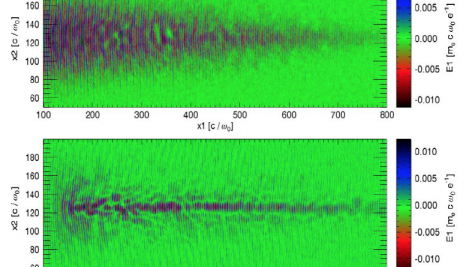 Ex-field at two different times showing the evolution of a nonlinear electron plasma wave in an SRS simulation using OSIRIS