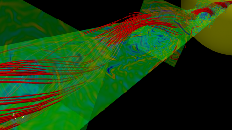 A snapshot of turbulent magnetic field lines (red) inside a coronal hole that expands from a small patch on the solar surface to 5 solar radii