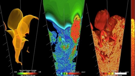 Three visualizations of nuclear combustion in a supernovae.