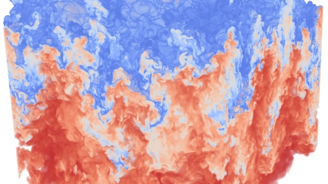 Grand-challenge, fully compressible Rayleigh-Taylor simulation 