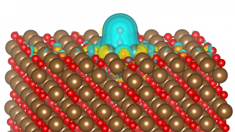 Charge density isosurface of CO adsorbed on a Cu2O surface.