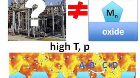 Conditions of catalysis (A) do not imply single rigid cluster isomer facilitating a single catalytic event in vacuum (B), but instead, realistic coverage, T, p, access to many cluster isomers (% in C indicating fractions of the population), and fluxionality, with activity being due to possibly not the most stable isomer.