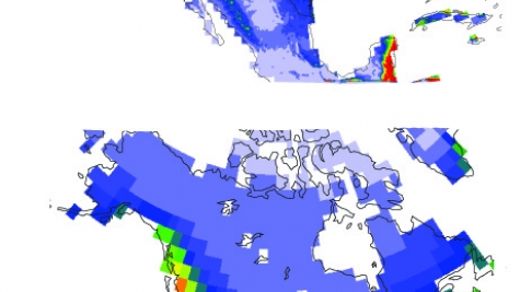 Precipitation rates simulated by RCM and GCM