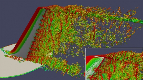 Full span view of the flow past a vertical tail assembly of a commercial aircraft with active flow control at Re=360,000.