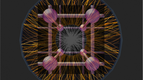 Display of the emission spectrum of a single heavy ion collision recorded with the ALICE detector at the LHC at a collision energy of 2.76 TeV per nucleon