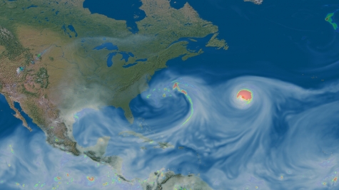 A plot of precipitable water (gray scale) and precipitation rate (colors) in a simulation of the Earth's atmosphere.