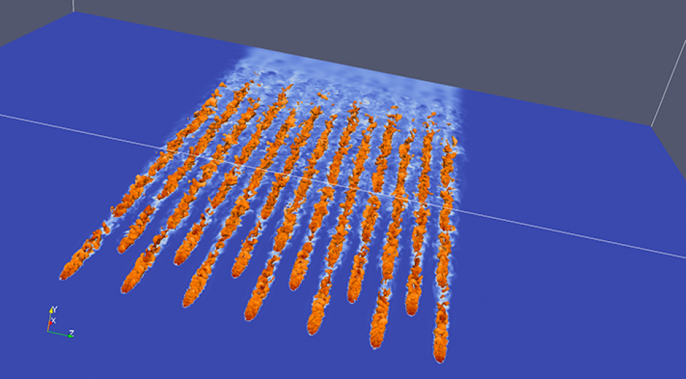 Turbulent flow going through a multi-hole coupon geometry