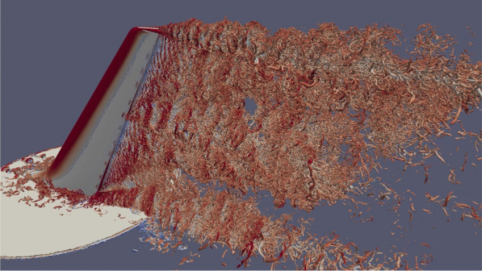 Instantaneous isosurface of vorticity (Q) from a detached eddy simulation of a vertical tail/rudder assembly