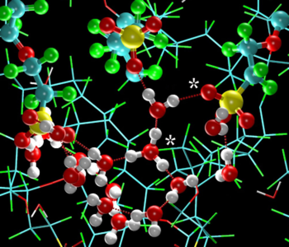 An illustration of the environment experience by the excess proton within the Nafion polymer membrane environment, where the hydronium cation is separated from the sulfonate sidechain by a single water molecule.