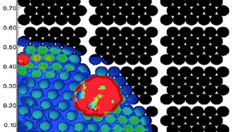 Pressure profile of a deflagration to detonation transition in an array of tightly packed PBX9501 cylinders confined by symmetric boundaries on all sides.