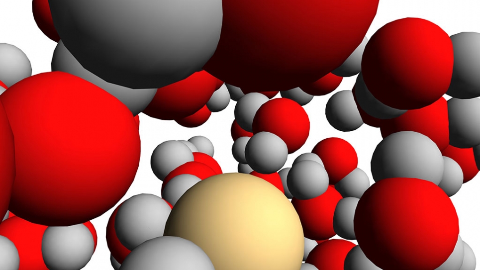 A systematization of a lithium atom (yellow) immersed into an aqueous environment. 