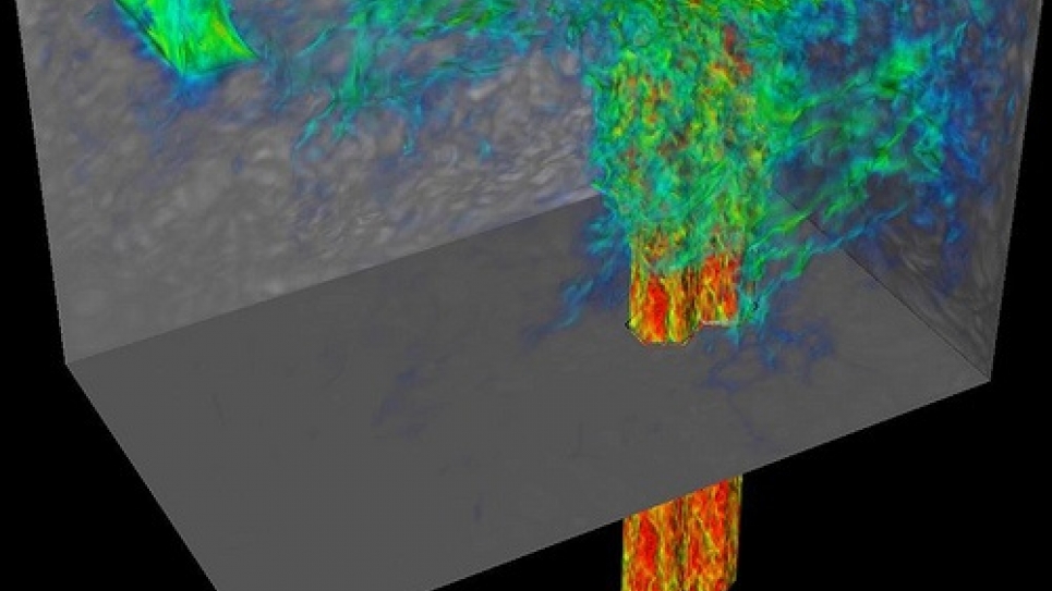 Turbulent flow of coolant into a mock-up of the upper plenum of an advanced recycling nuclear reactor.