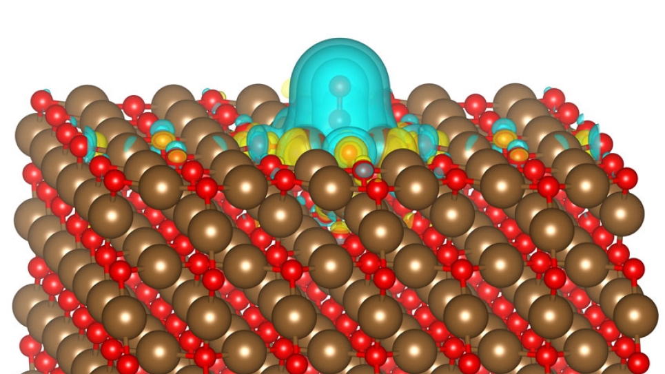 Charge density isosurface of CO adsorbed on a Cu2O surface.