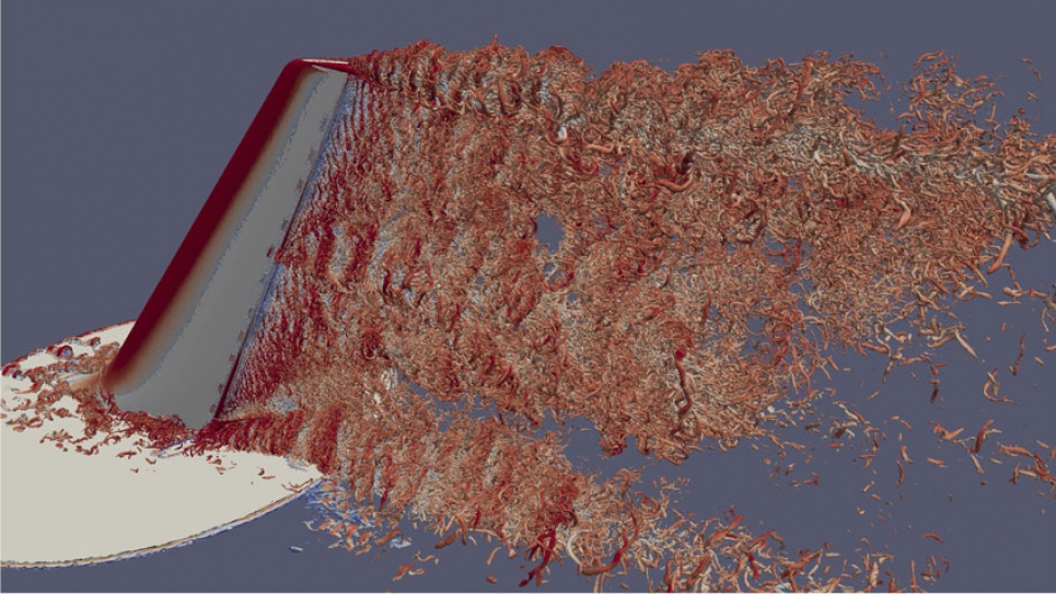 Instantaneous isosurface of vorticity (Q) from a detached eddy simulation of a vertical tail/rudder assembly