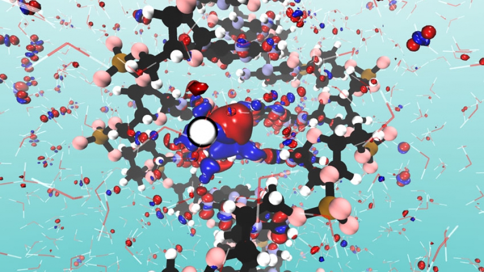 A snapshot from non-equilibrium electron dynamics simulationof solvated DNA under proton irradiation.