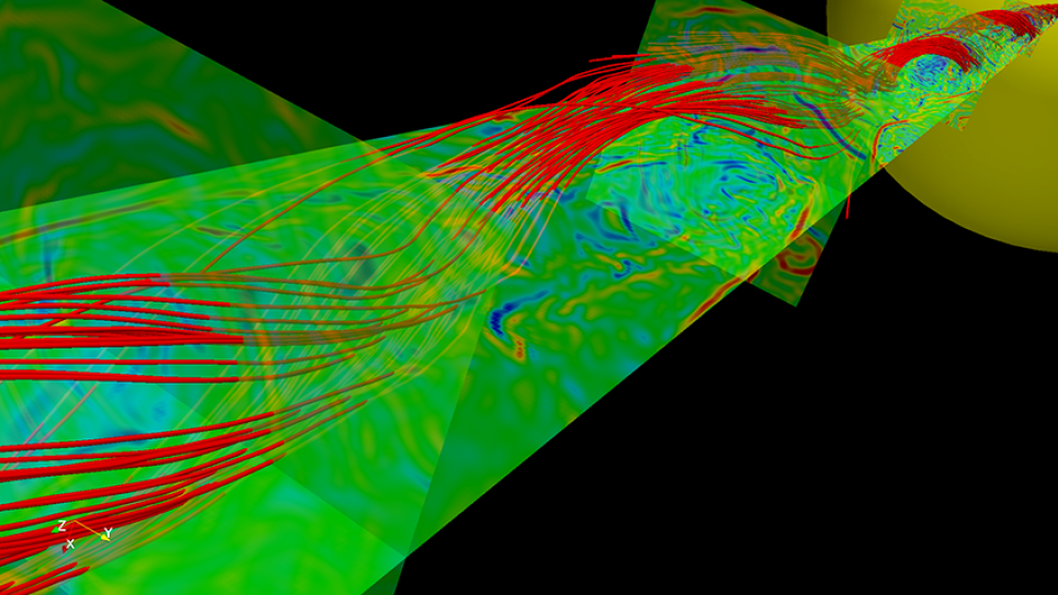 turbulent magnetic field lines (red) inside a coronal hole