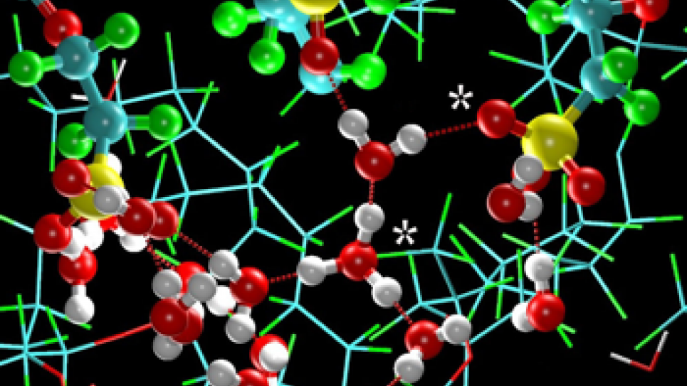 An illustration of the environment experience by the excess proton within the Nafion polymer membrane environment, where the hydronium cation is separated from the sulfonate sidechain by a single water molecule.