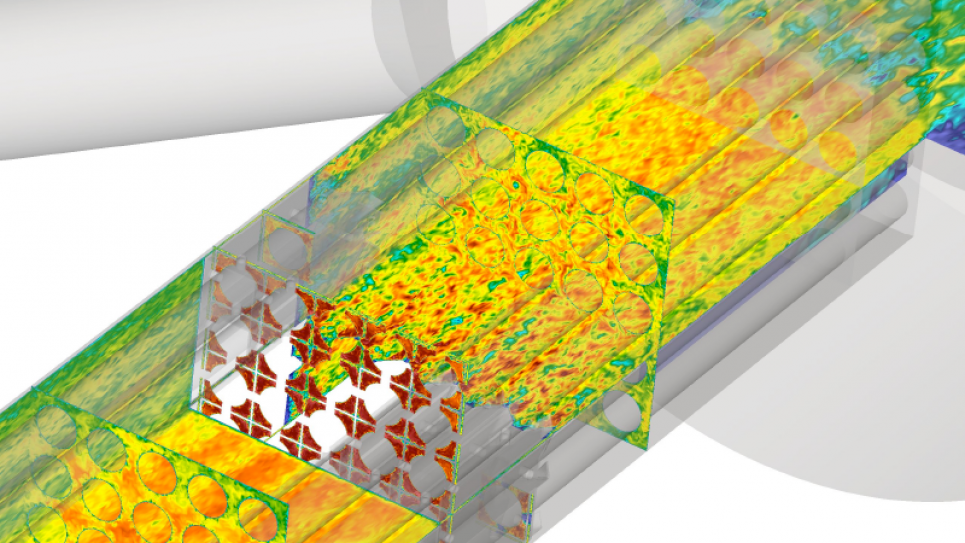 Velocity magnitude distribution in a flow through the 25-pin swirl-vane spacer grid of Matis benchmark