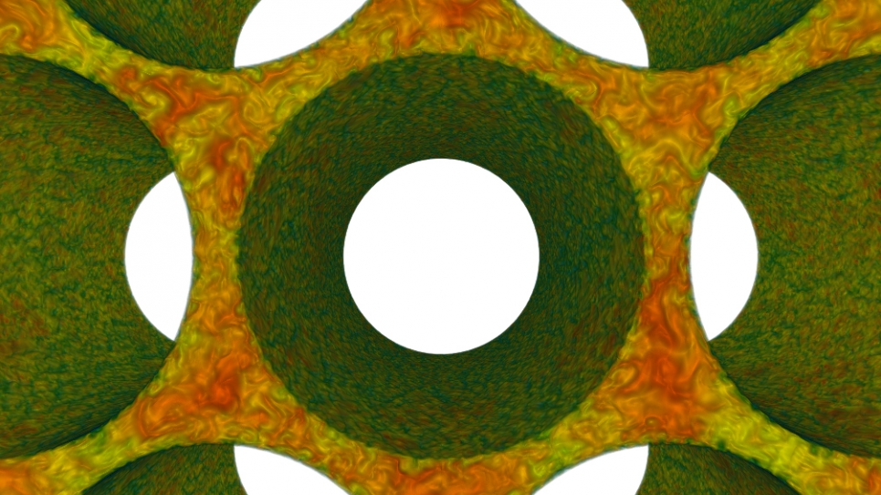 Large eddy simulation of the flow in a rod bundle at high Reynolds numbers. Rod bundles are a fundamental component of reactor cores.