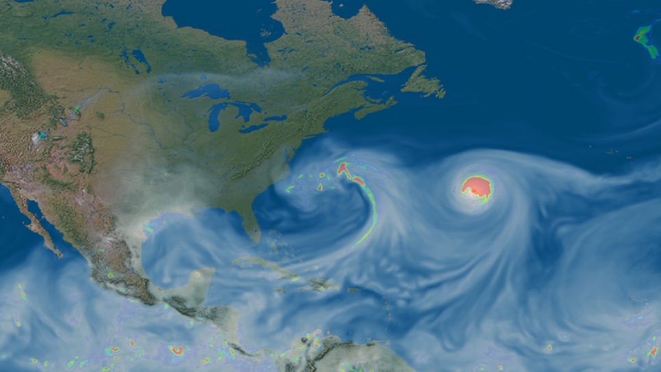 A plot of precipitable water (gray scale) and precipitation rate (colors) in a simulation of the Earth's atmosphere.